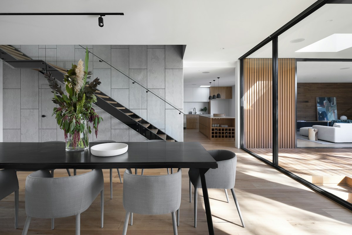 Contemporary interior with natural materials and generous daylight